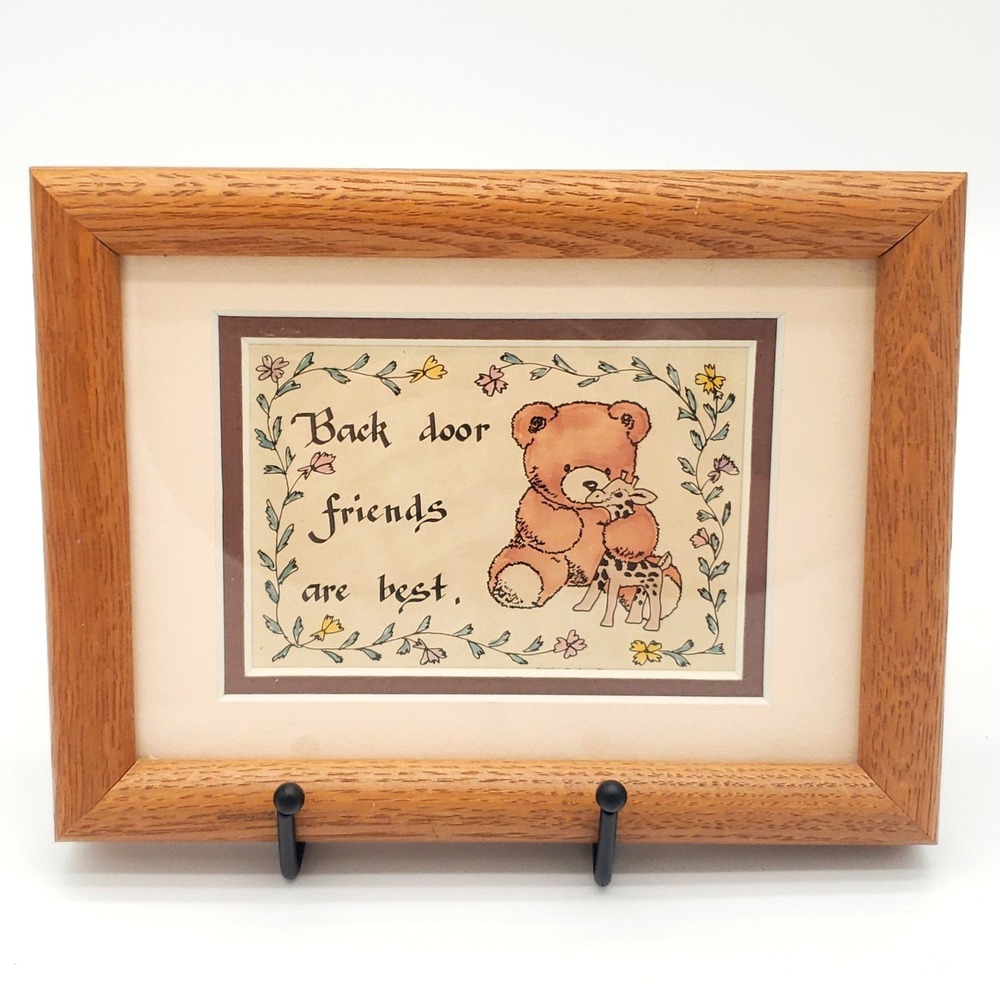 Vintage Cottagecore Teddy Bear Funny Oak Framed Art Back Door Friends Are Best